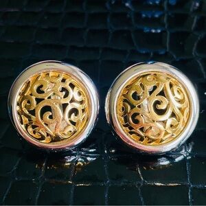 Vintage Givenchy Gold And Silver Tone Filigree Caged Omega Back Earrings